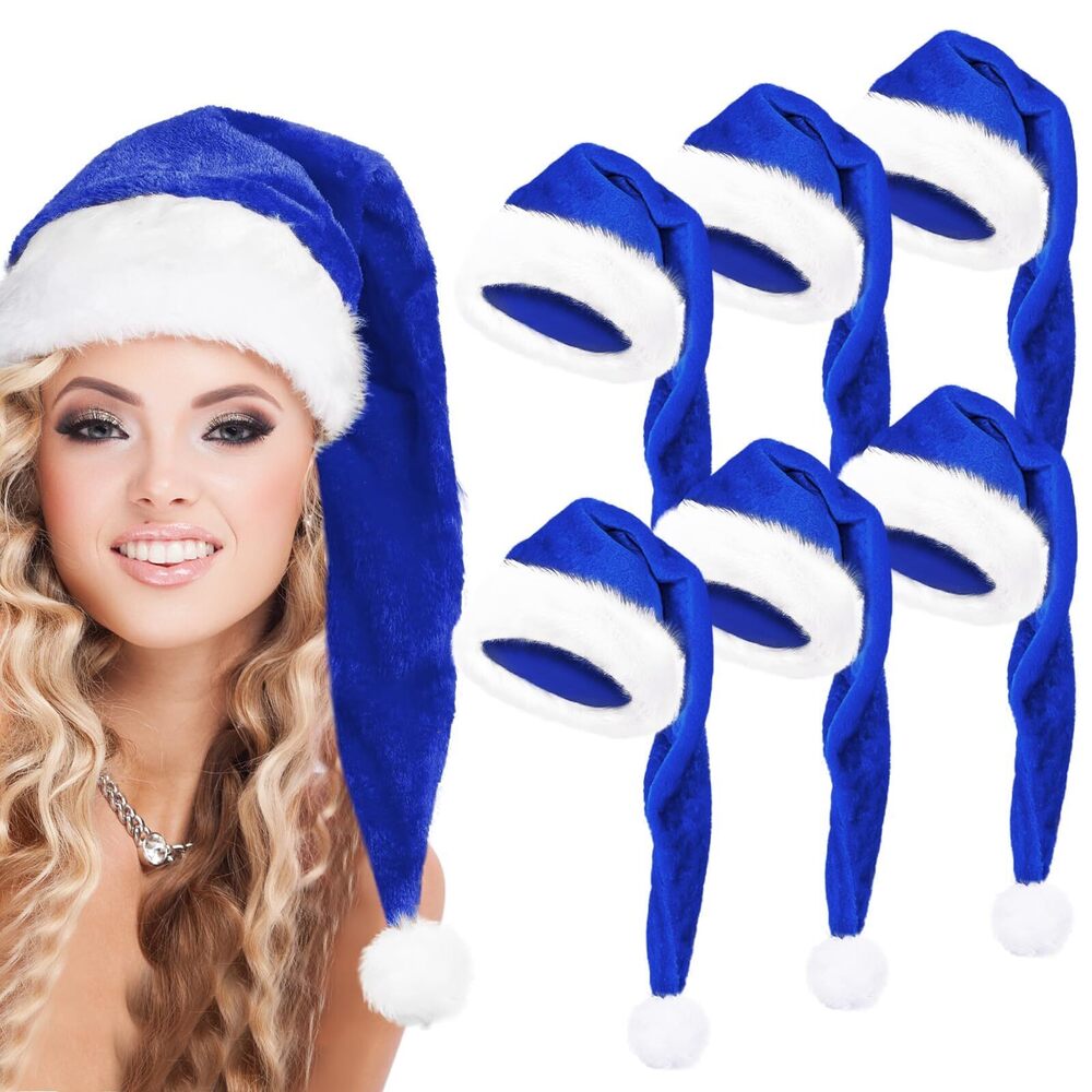 4630 ZHXJKHKY 6 Pack Santa Hats - Blue Velvet Christmas Deluxe Plush Hats &